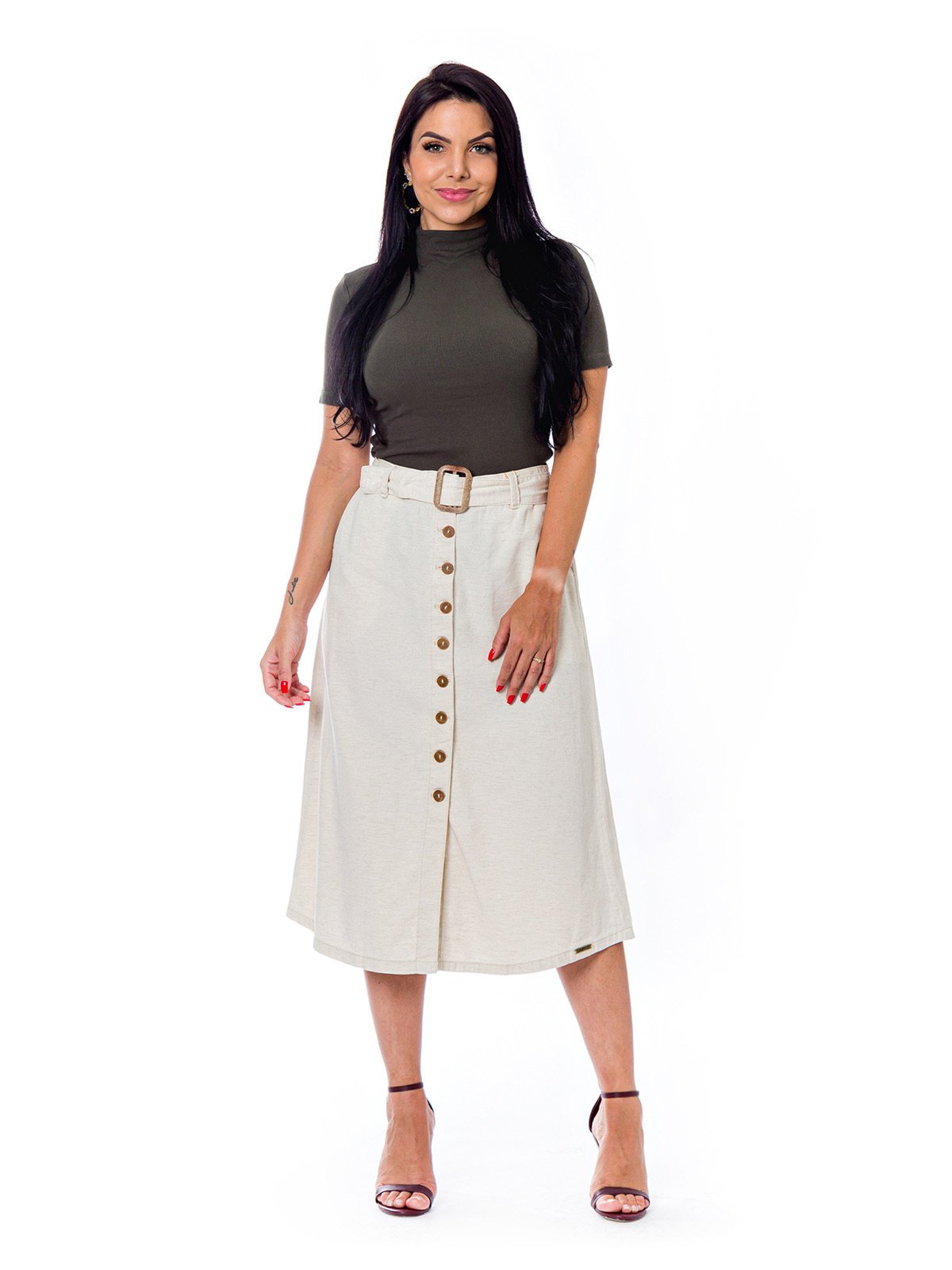 Saia Midi Restrito Jeans de Linho Social Com Botões – BEGE