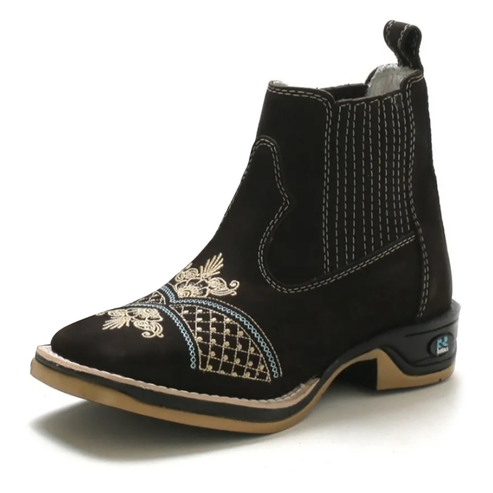 Bota Feminina RR Botas Texana Country em Couro Com Bordado Bico Quadrado