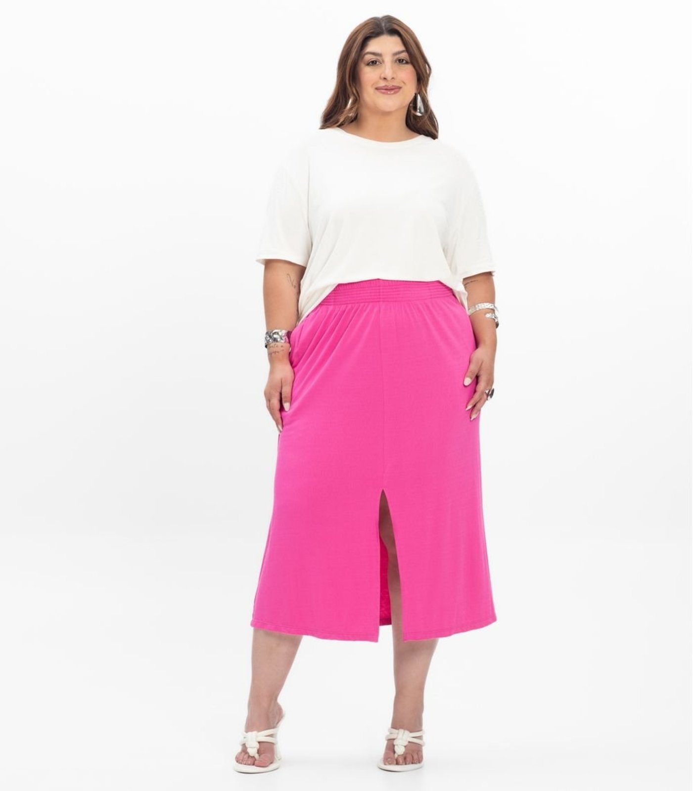 Vista 2 Saia Super Midi Feminina Plus Size Secret Glam bege Secret Glam bege