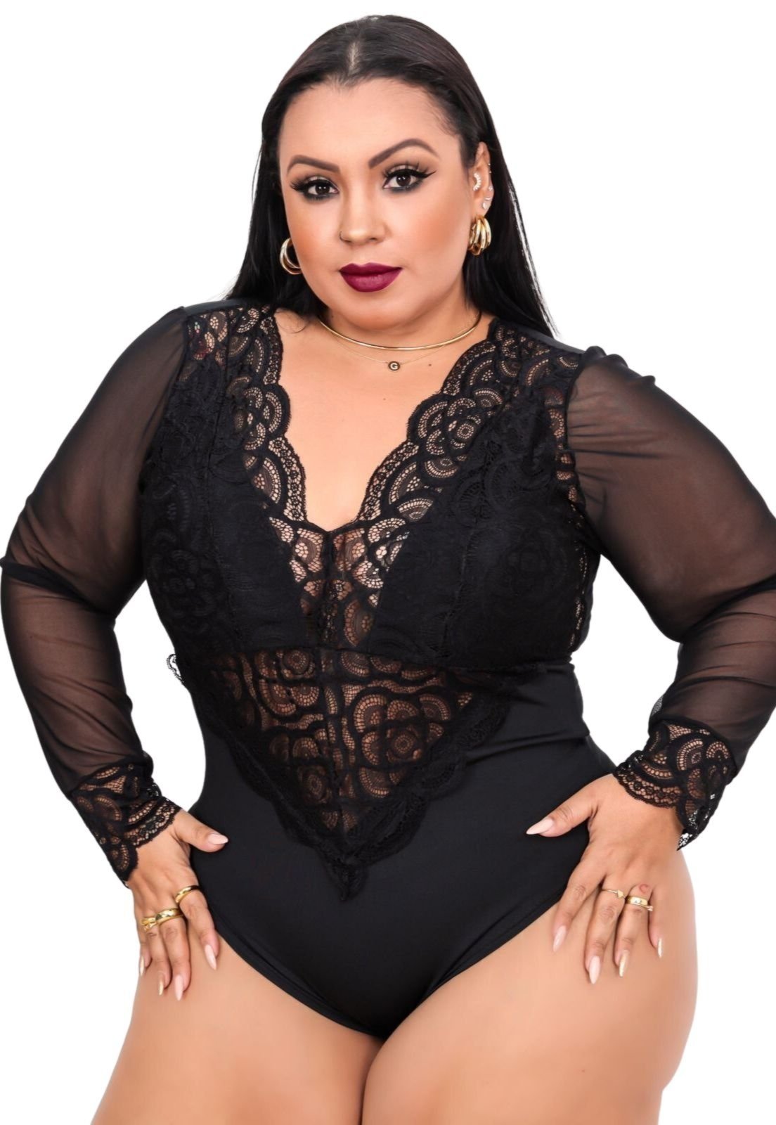 Body Summer body Plus Size Manga Longa Rendado Bojo Tamanhos Grande