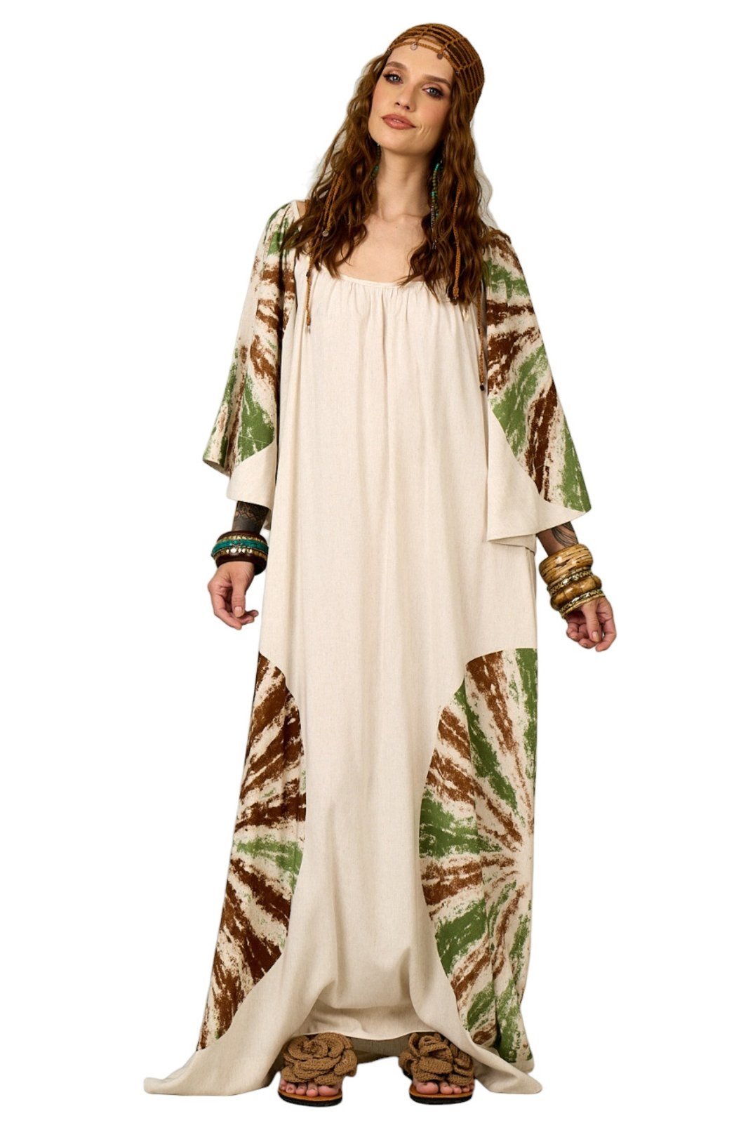 Vestido Longo Bege Estampa De Mandalas Yacamim E12 – Estampado