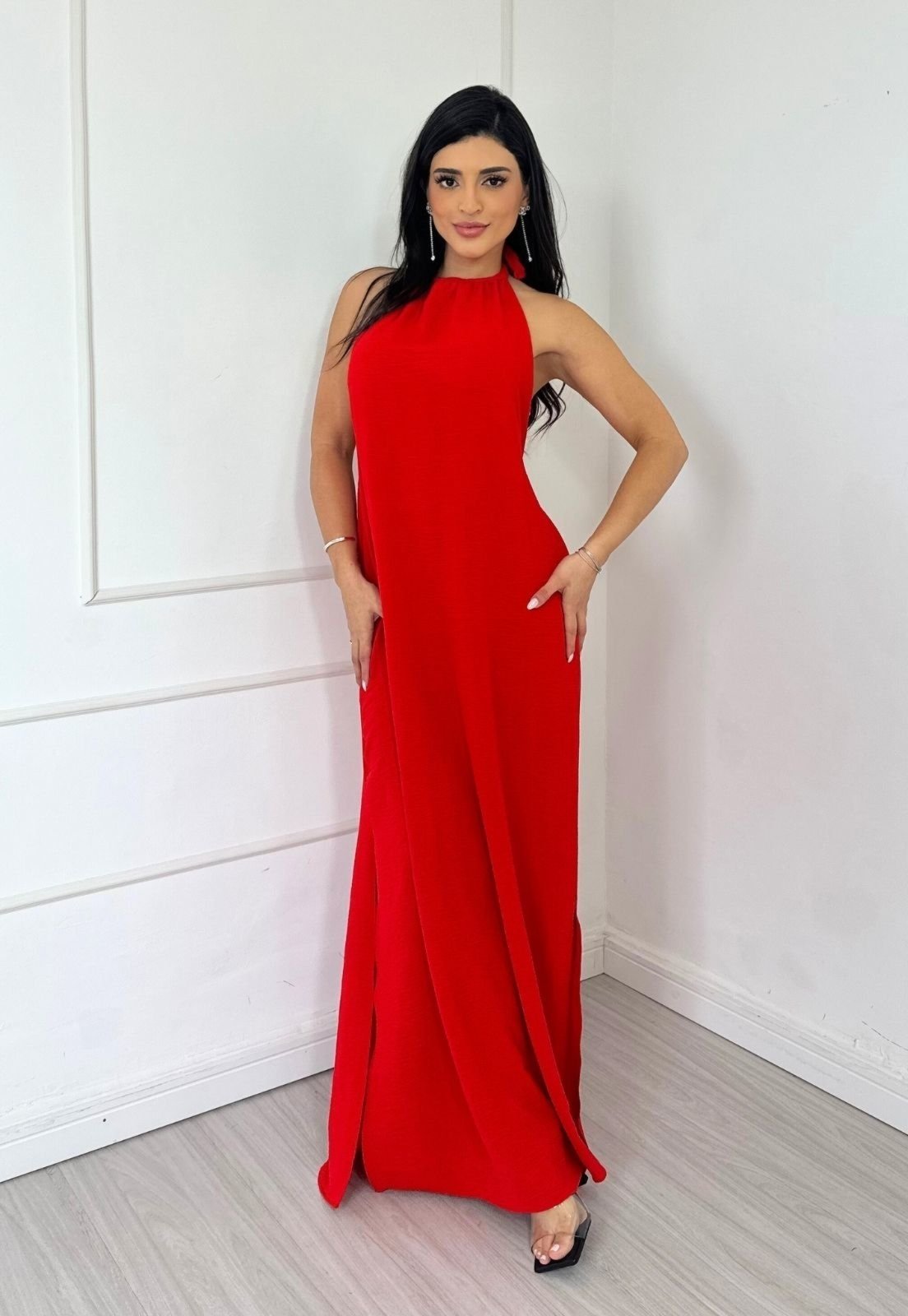Vestido Longo Frente Única Amarração Esther Vermelho