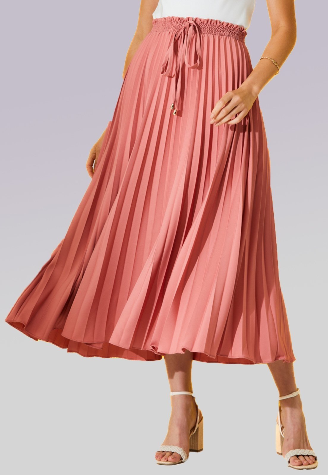 Saia Midi Plissada Cordão na Cintura Urbania Rose Coral