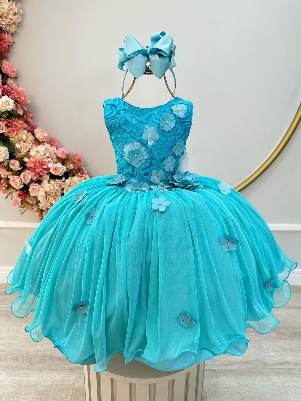 Infantil - Vestido Festa Verde Azul Turquesa Tiffany Flores Formatura Florista Casamento Renda Dama Daminha Social Menina Juvenil Pérolas Princesa Rodado Aniversário Luxo