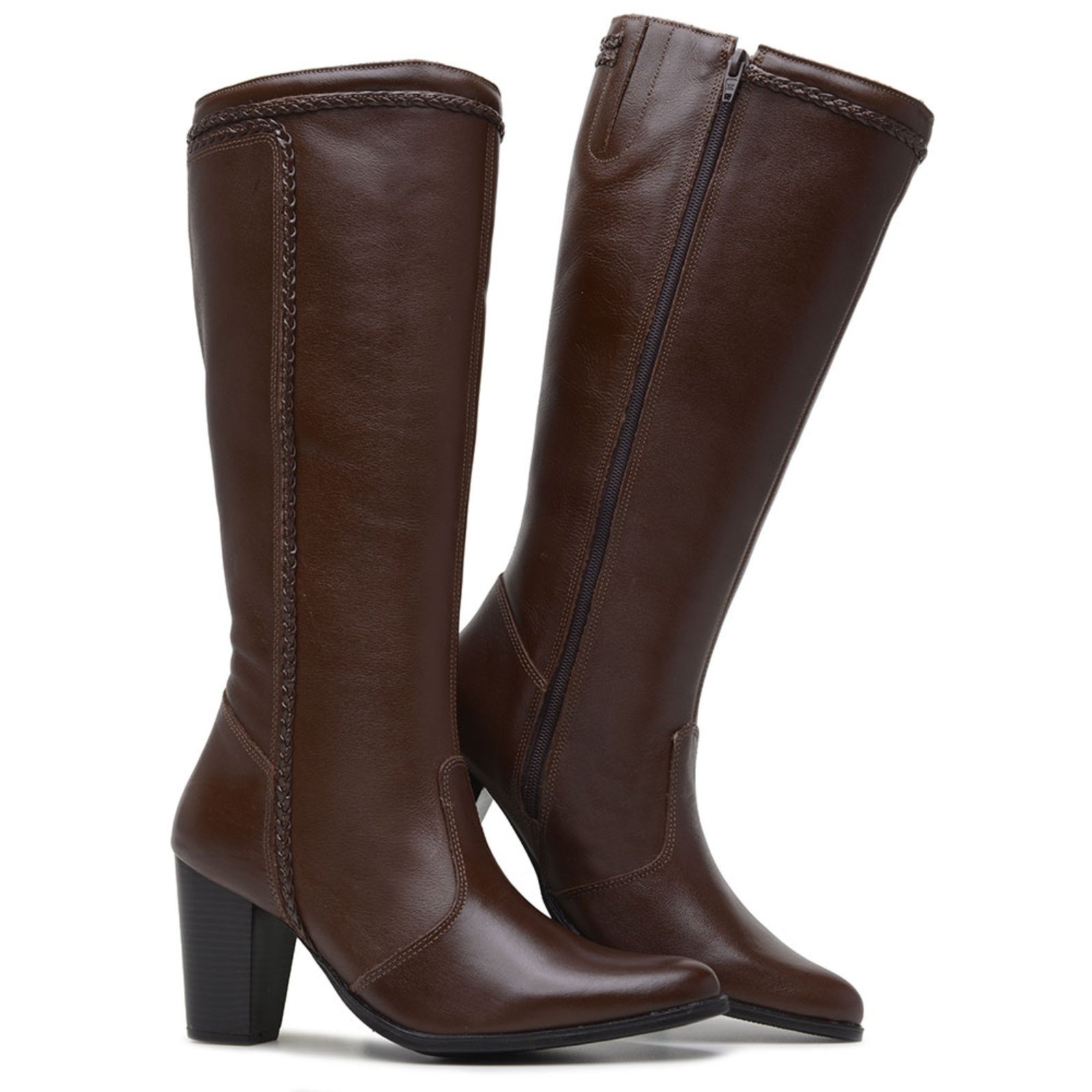 Vista 3 Bota Feminina Cano Longo Marrom Chocolate Salto Alto Grosso com Zíper Lateral Elegante e Confortável Sapatofran café Sapatofran café