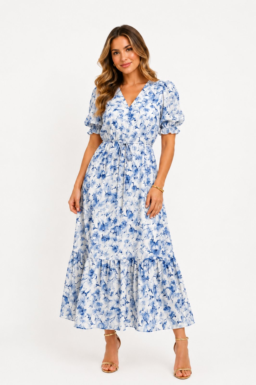 Vestido Midi D Bell Outlet Fashion Crepe Floral Azul Claro