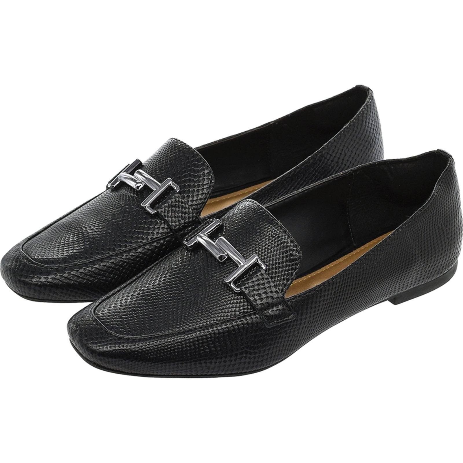 Sapato Feminino Mocassim CM Calçados Bico Quadrado Confort Preto Lizard