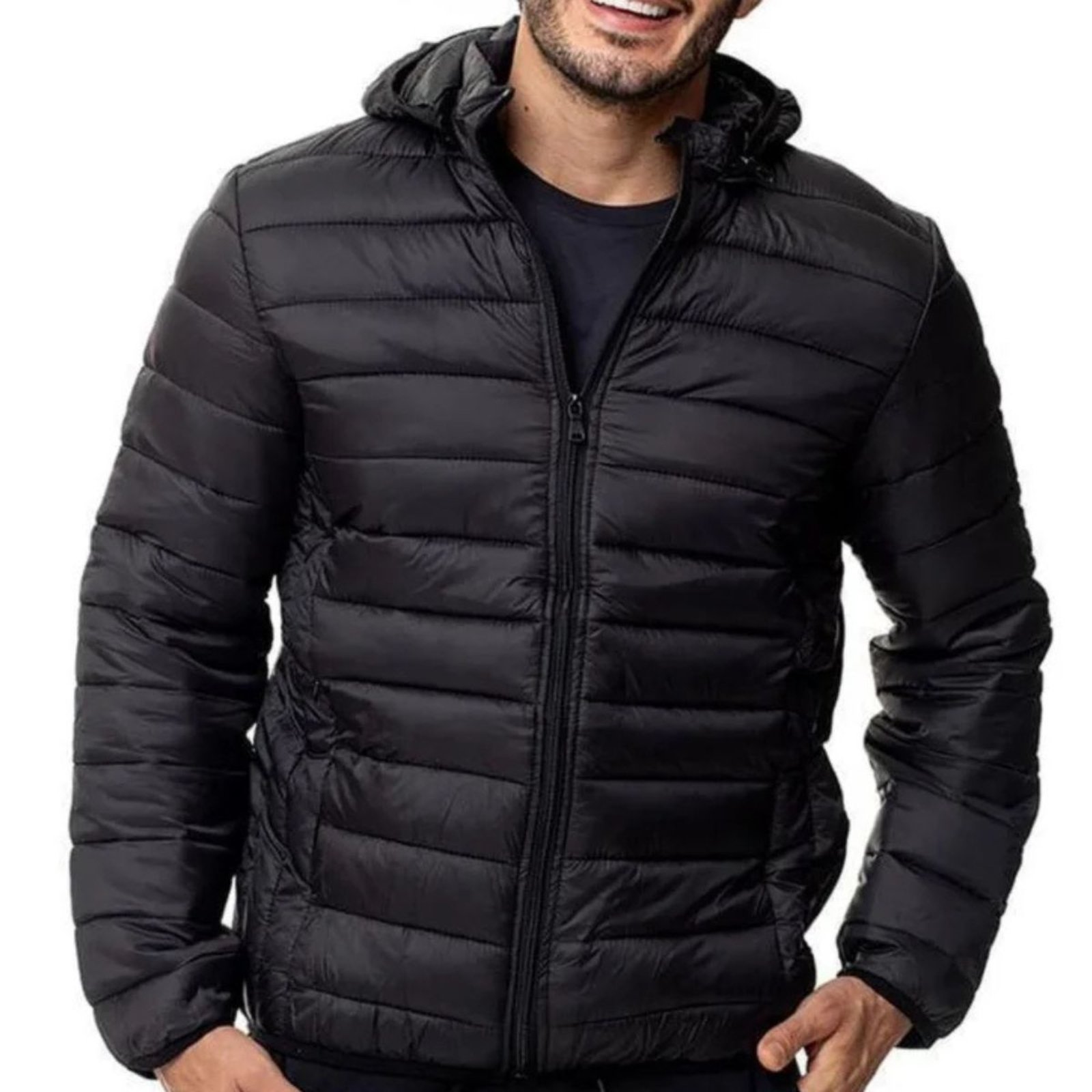 Jaqueta Masculina Puffer Industrie Impermeável com Capuz e Isolamento Térmico Preto