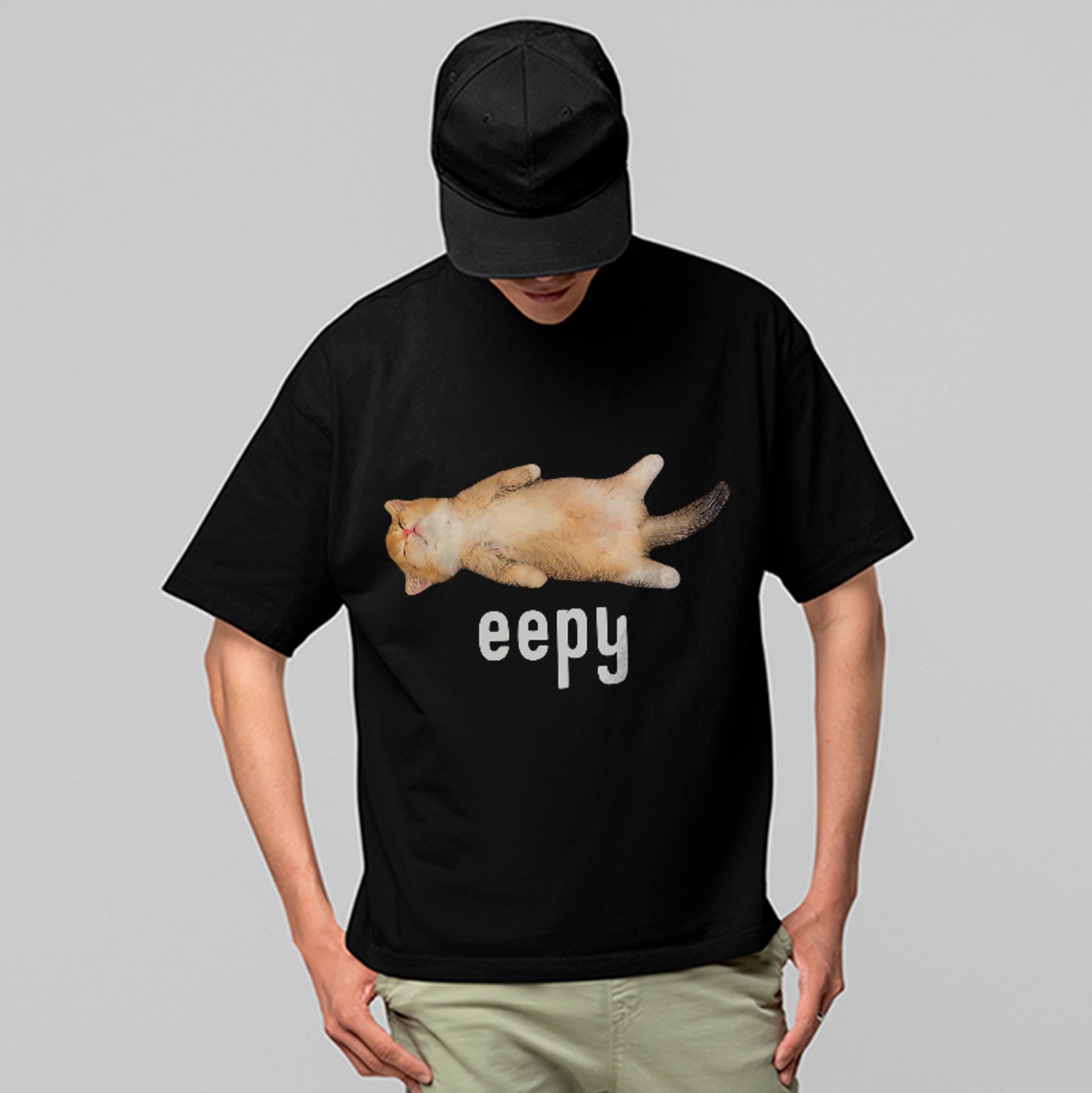 Camiseta Oversized Gato Eepy Funny Cat Unissex Preto