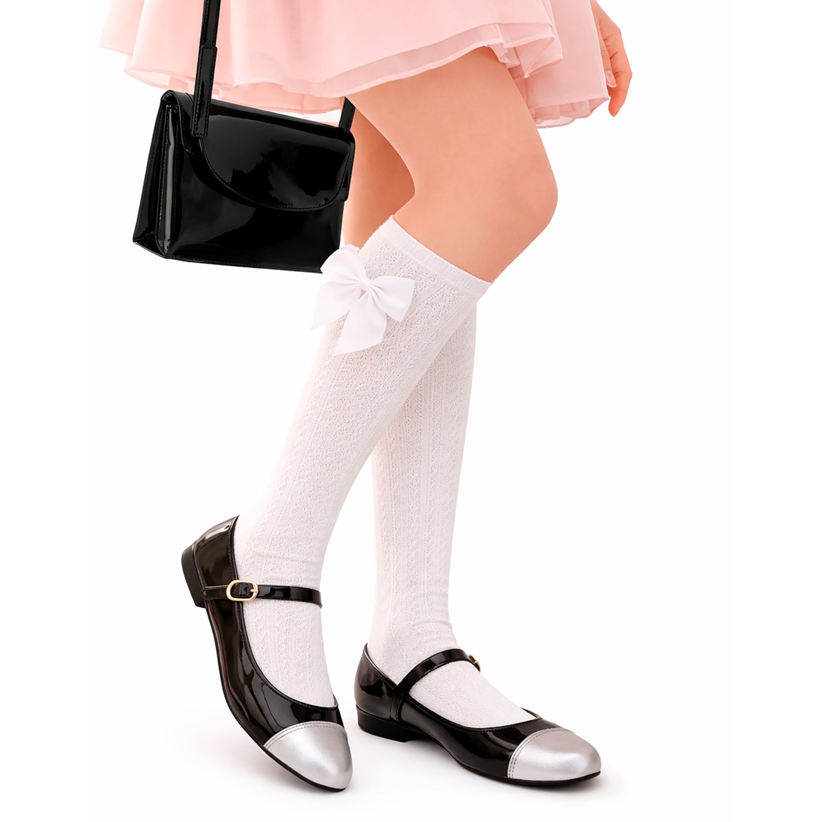 Infantil - Kit Sapatilha Preta Menina Com Meia Cano Alto e Bolsa Lateral Pepite