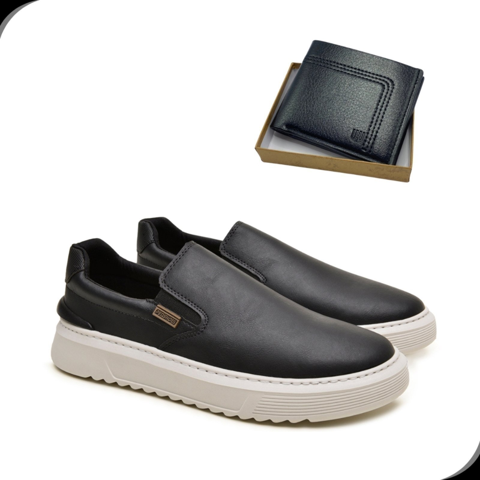 Kit Slip On Masculino Sem Cadarço Casual Rovetto Preto e Carteira