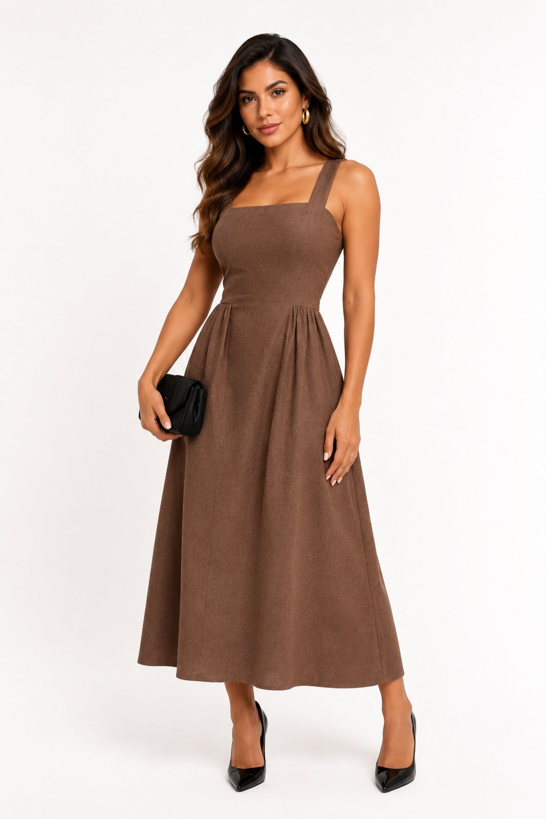Vestido Midi D Bell Outlet Fashion Elegante Marrom