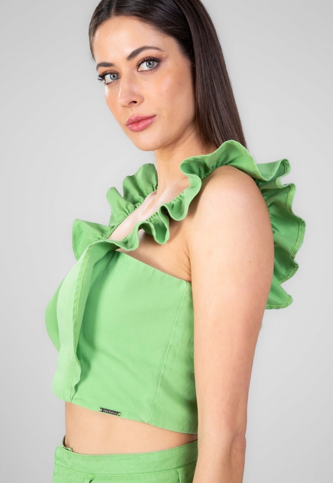 Vista 2 Blusa Cropped Traymon Com Babados Limão verde Traymon verde