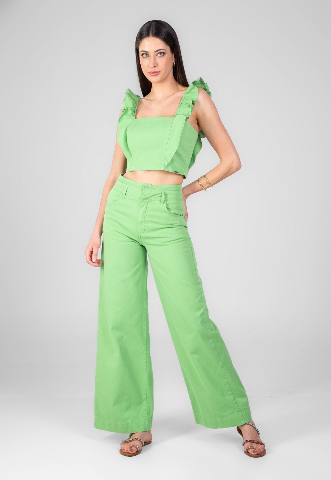 Vista 3 Blusa Cropped Traymon Com Babados Limão verde Traymon verde