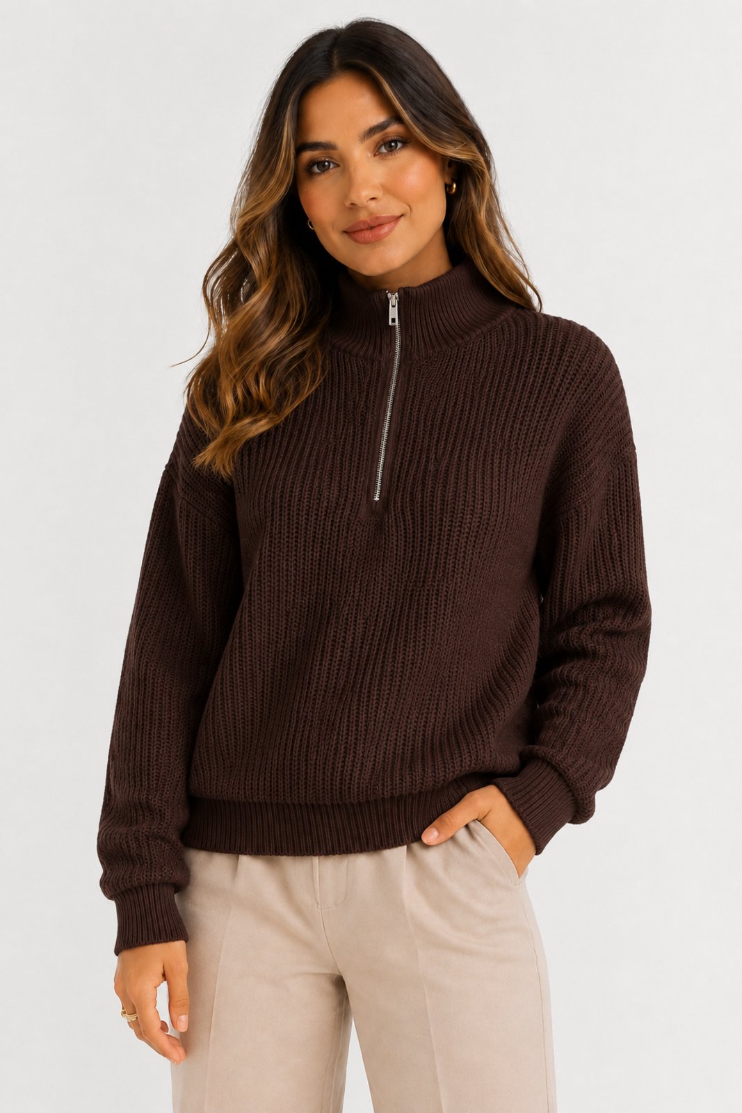 Blusa Tricôt D Bell Outlet Fashion Gola Alta Zíper Marrom Café