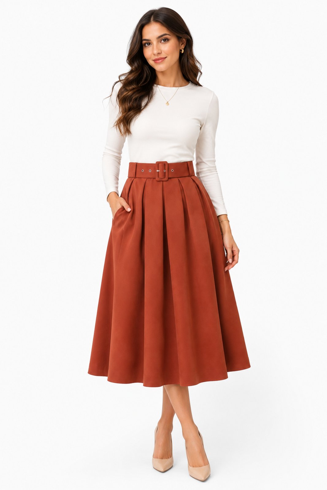 Saia Midi Evasê D Bell Outlet Fashion Cinto Encapado Caramelo