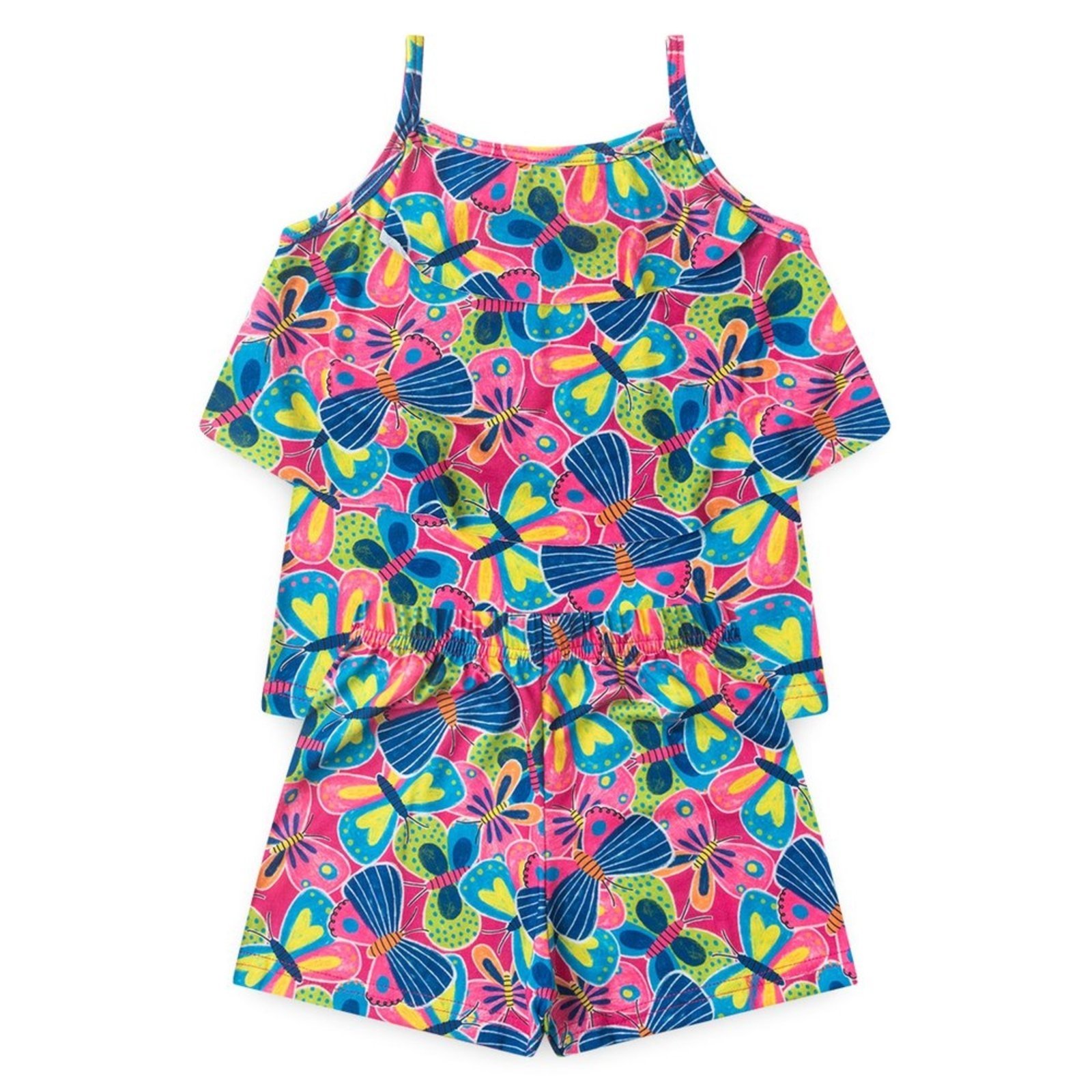 Vista 3 Infantil - Conjunto Molekada Verão Menina Pink Regata com Babado e Shorts Borboletas coloridas rosa pink Molekada rosa pink