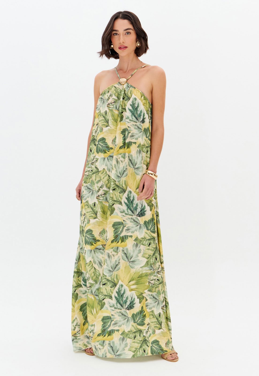 Vestido Feminino Lança Perfume Longo Estampa Tropical Verde