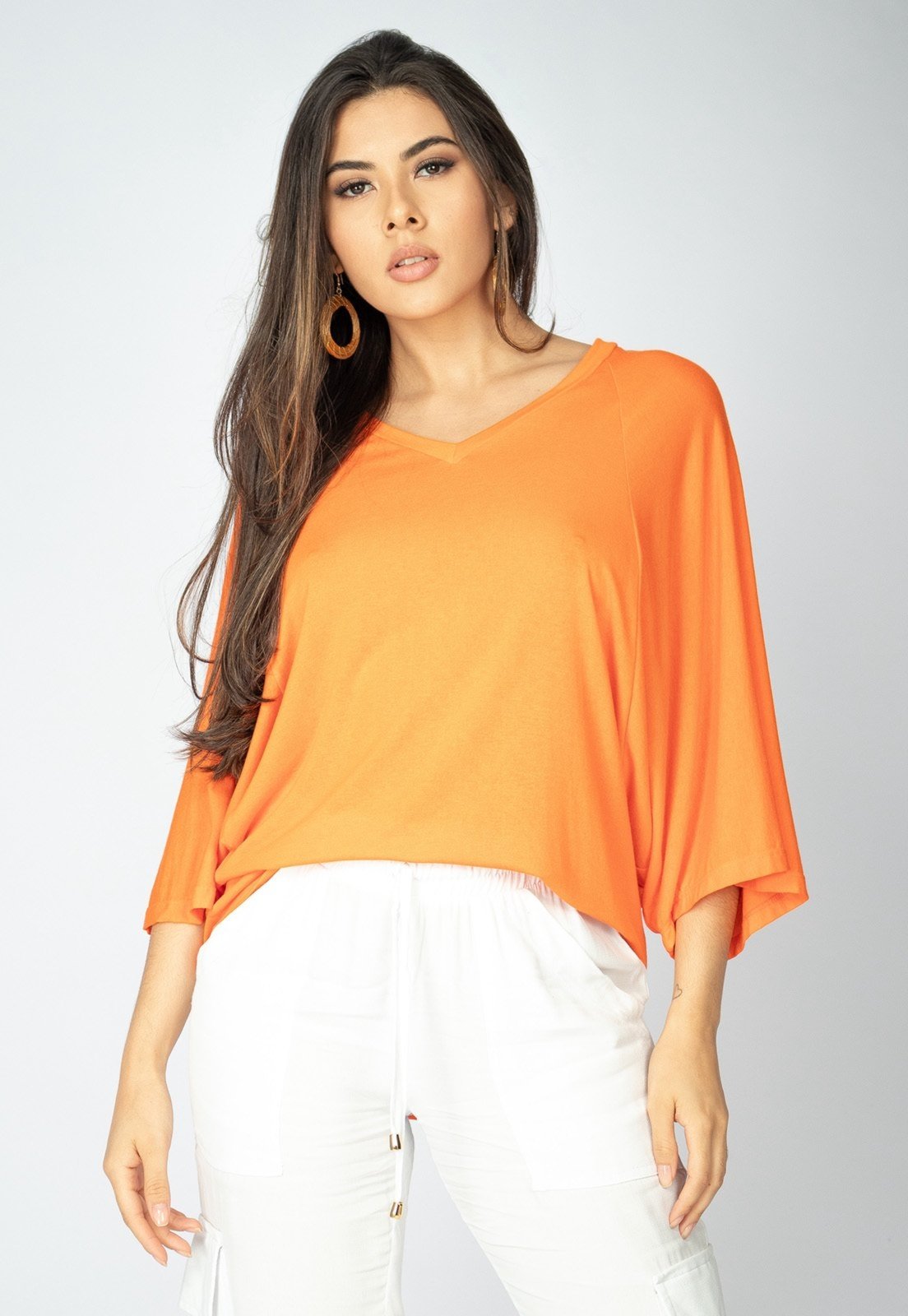 Blusa Ampla Amazonia Vital Morcego Guyrá Manga 3/4 Malha Laranja