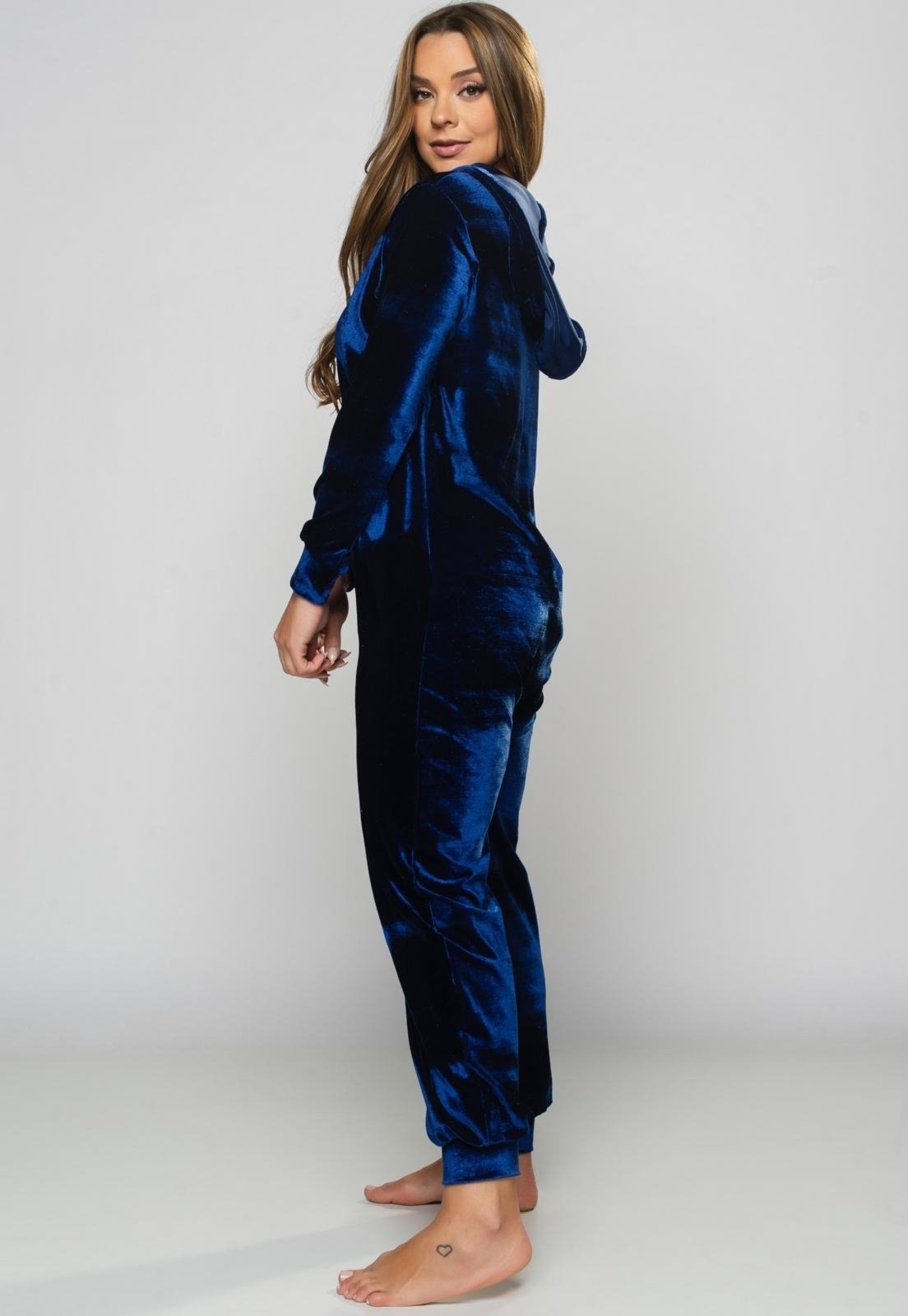 Macacão Longo MVB Modas Veludo Manga Longa Pijama Canguru Azul