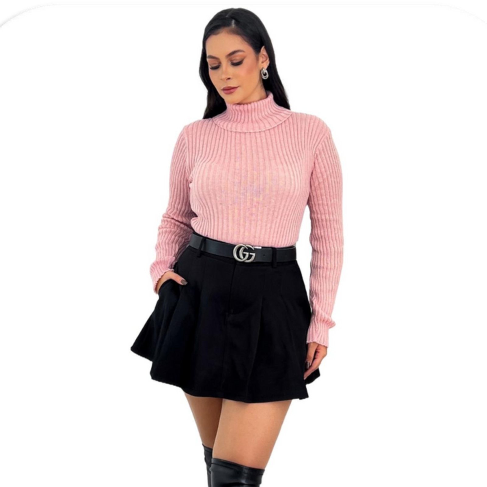 Blusa Tricot Feminina Gola Alta Cacharrel Lã Trico Canelada Rosa West Osten