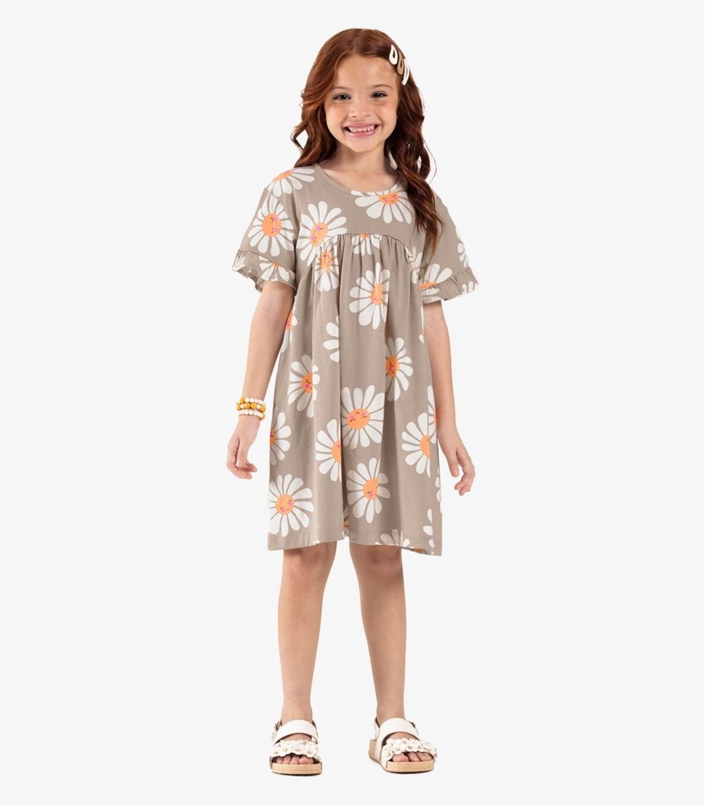 Infantil - Vestido Com Estampando Flores Trick Nick Bege