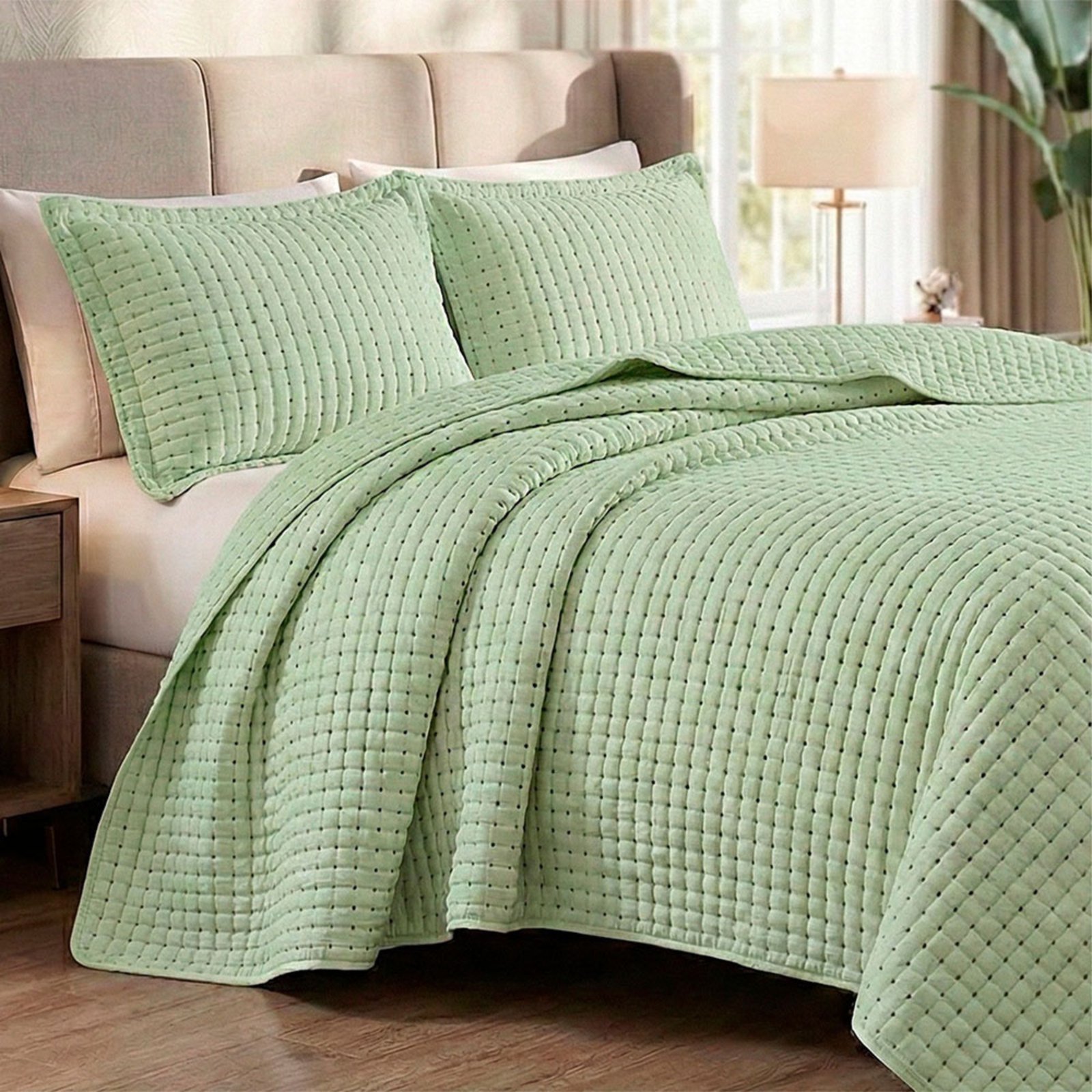 Cobre Leito Colcha Encanto Casal 3 Peças Bege - Verde - 100% Poliéster