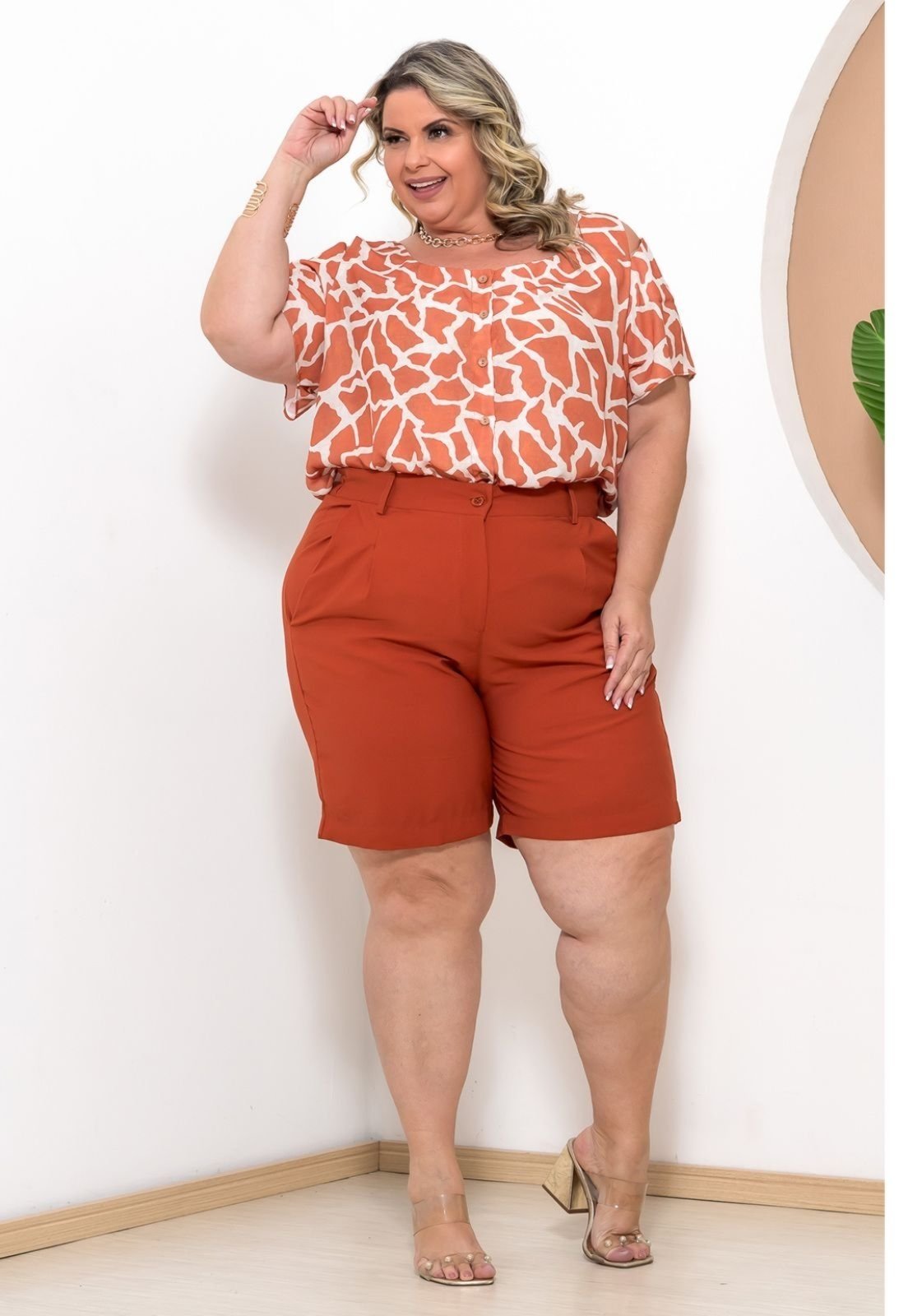 Conjunto Feminino Blusa Manga Curta E Bermuda Plus Size Elegante- Telha