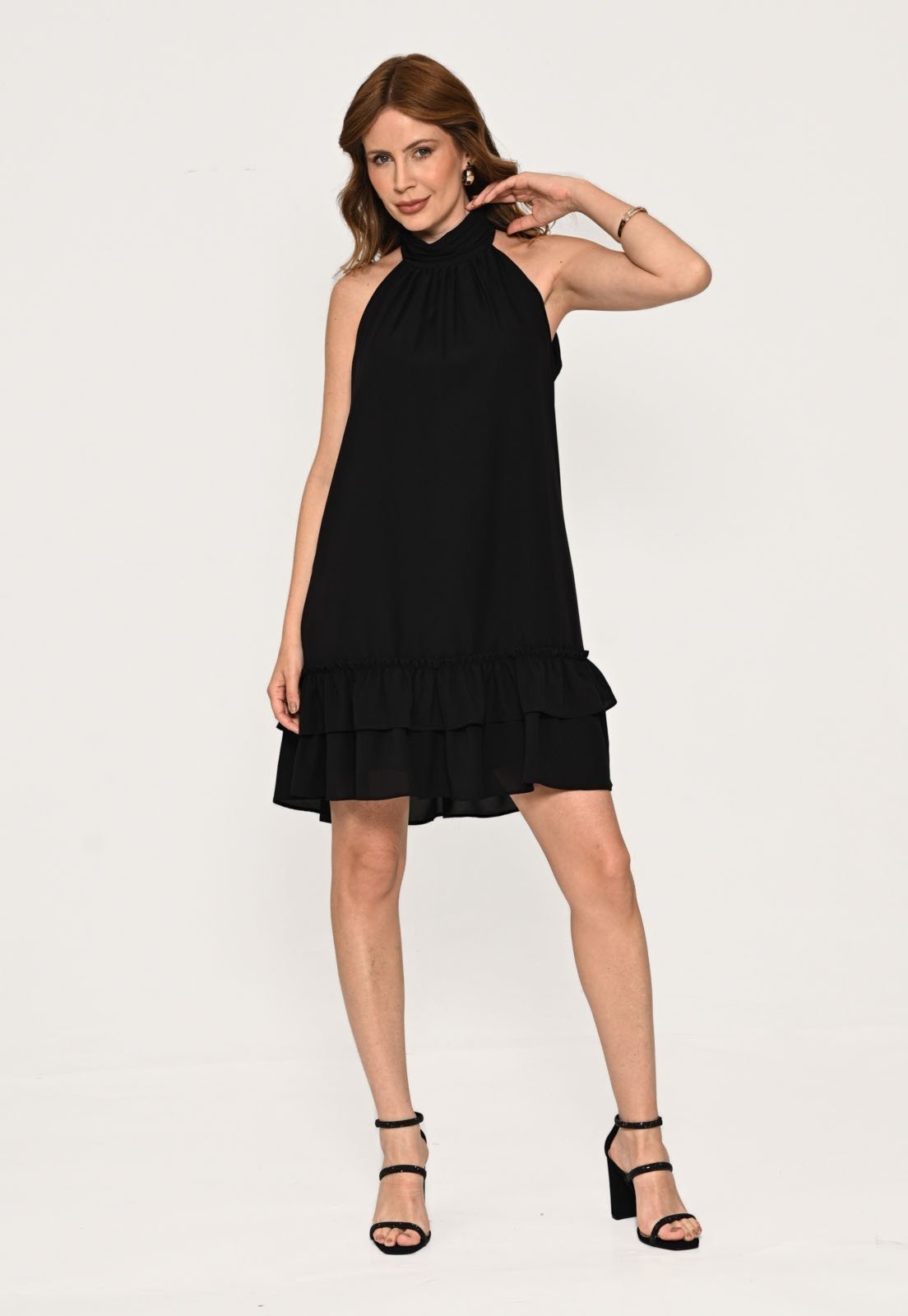 Vestido Bisô Curto Crepe Alfaiataria Babados Preto – Preto