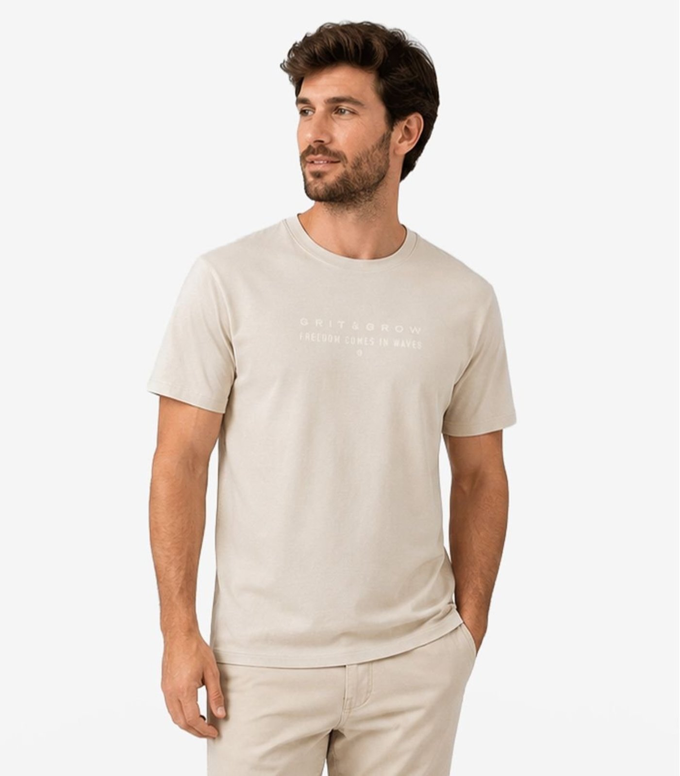 Camiseta Masculina Cotton Leve Com Estamp Diametro Bege