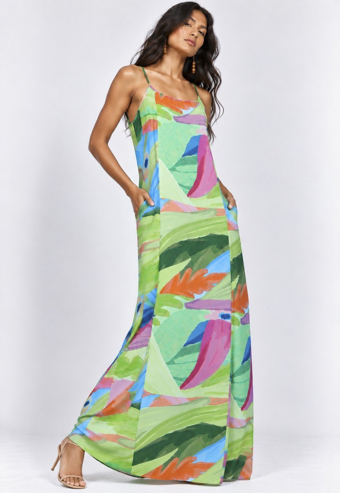 Vestido Amazonia Vital Longo Anambé Viscose com Bolsos Estampa Mata em Aquarela