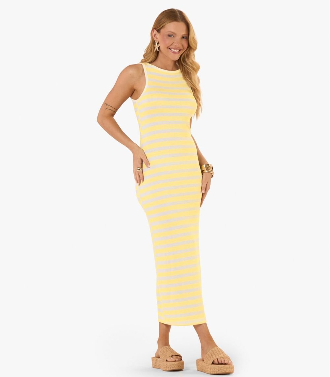 Vestido Midi Ribana de Viscose Listrada Rovitex Amarelo