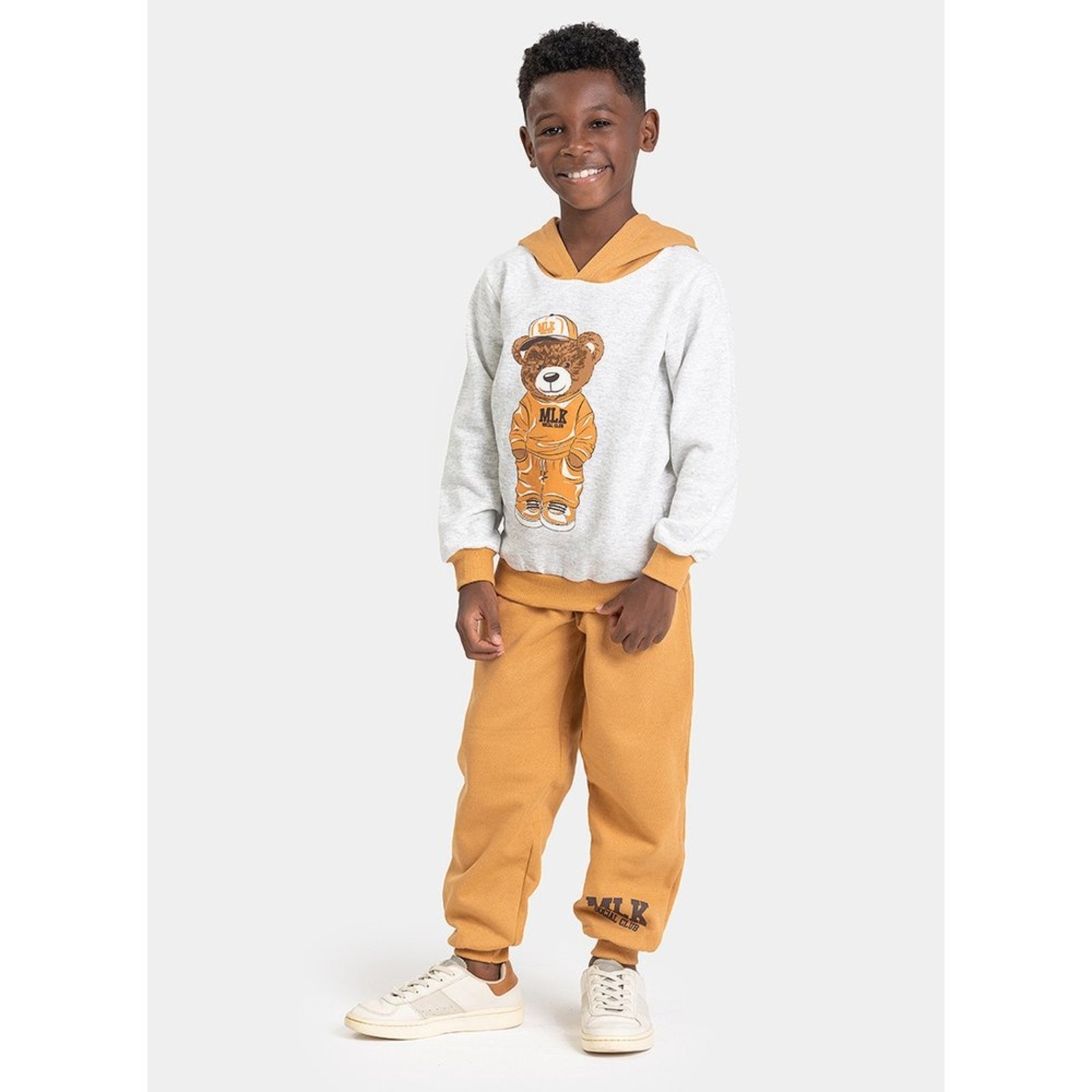 Infantil - Conjunto Inverno Menino Mescla Claro Blusão com Capuz e Calça em Moletom Urso MLK