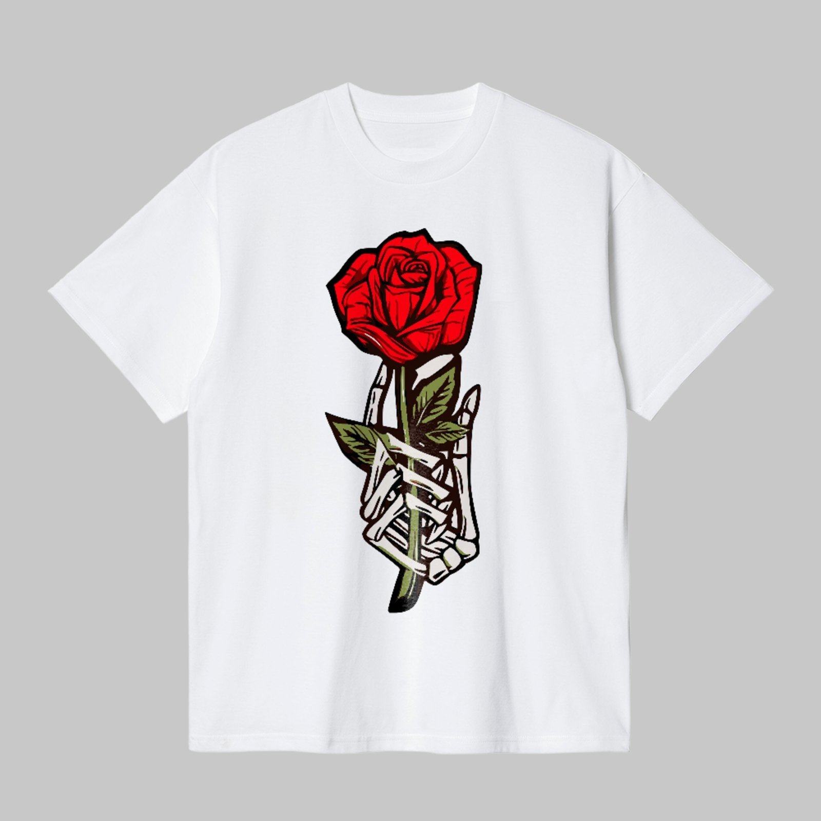 Camiseta Básica Red Rose Skeleton Hand Dark Aesthetic Style Branco