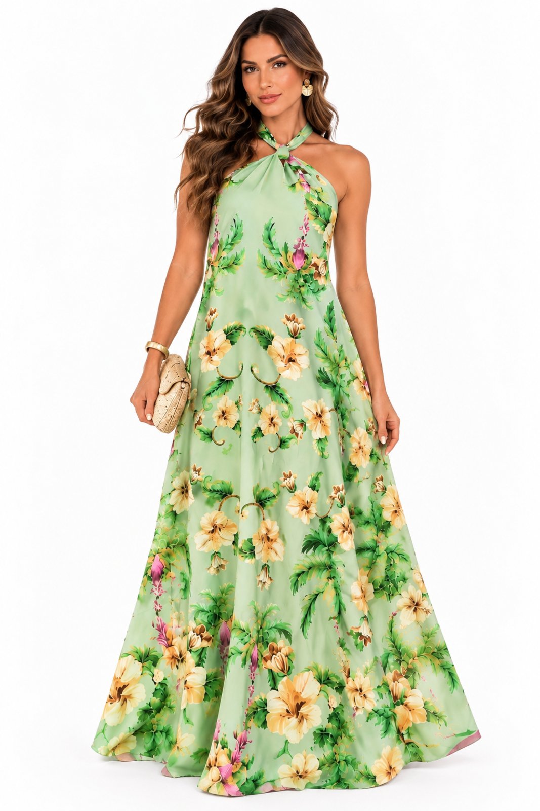 Vestido Longo D Bell Outlet Fashion Frente Única com Amarração Floral Verde Claro