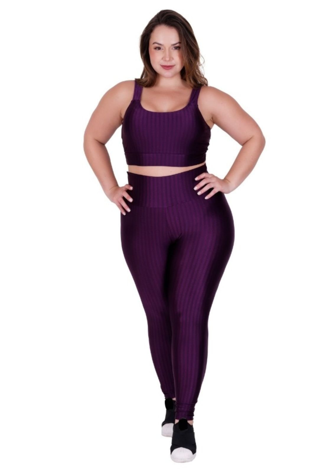Conjunto Fitness Plus Size Top com Bojo Removível e Calça de Cintura Alta 3D Adulto Feminino Roxo
