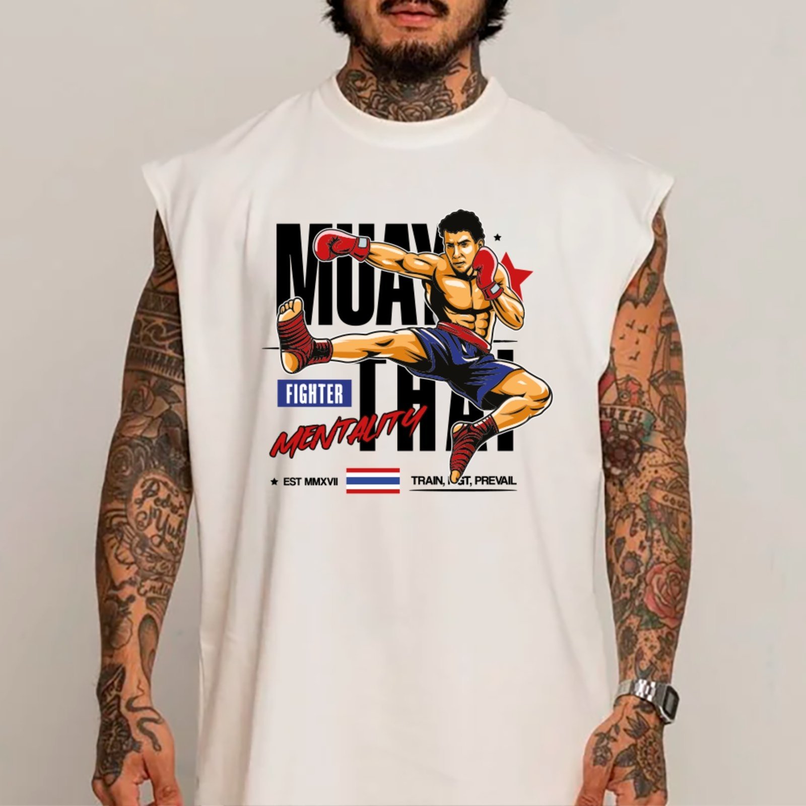Camiseta Regata Machão Ousy Lutador Muay Thai Oversized Masculina Branco