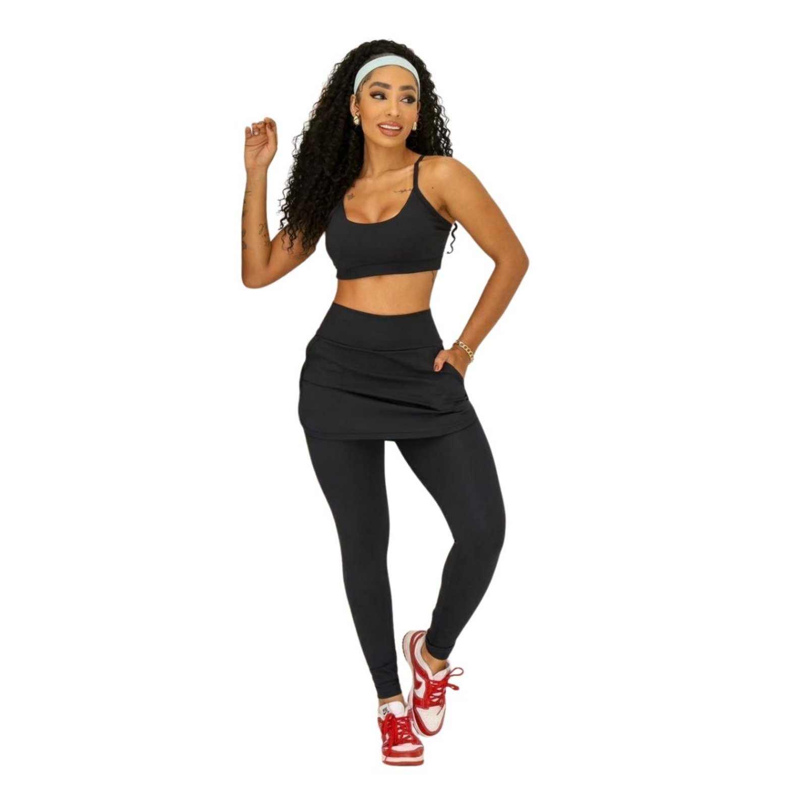 Legging Blackout FMF Com Saia e Bolso Moda Fitness Cintura Alta Preto
