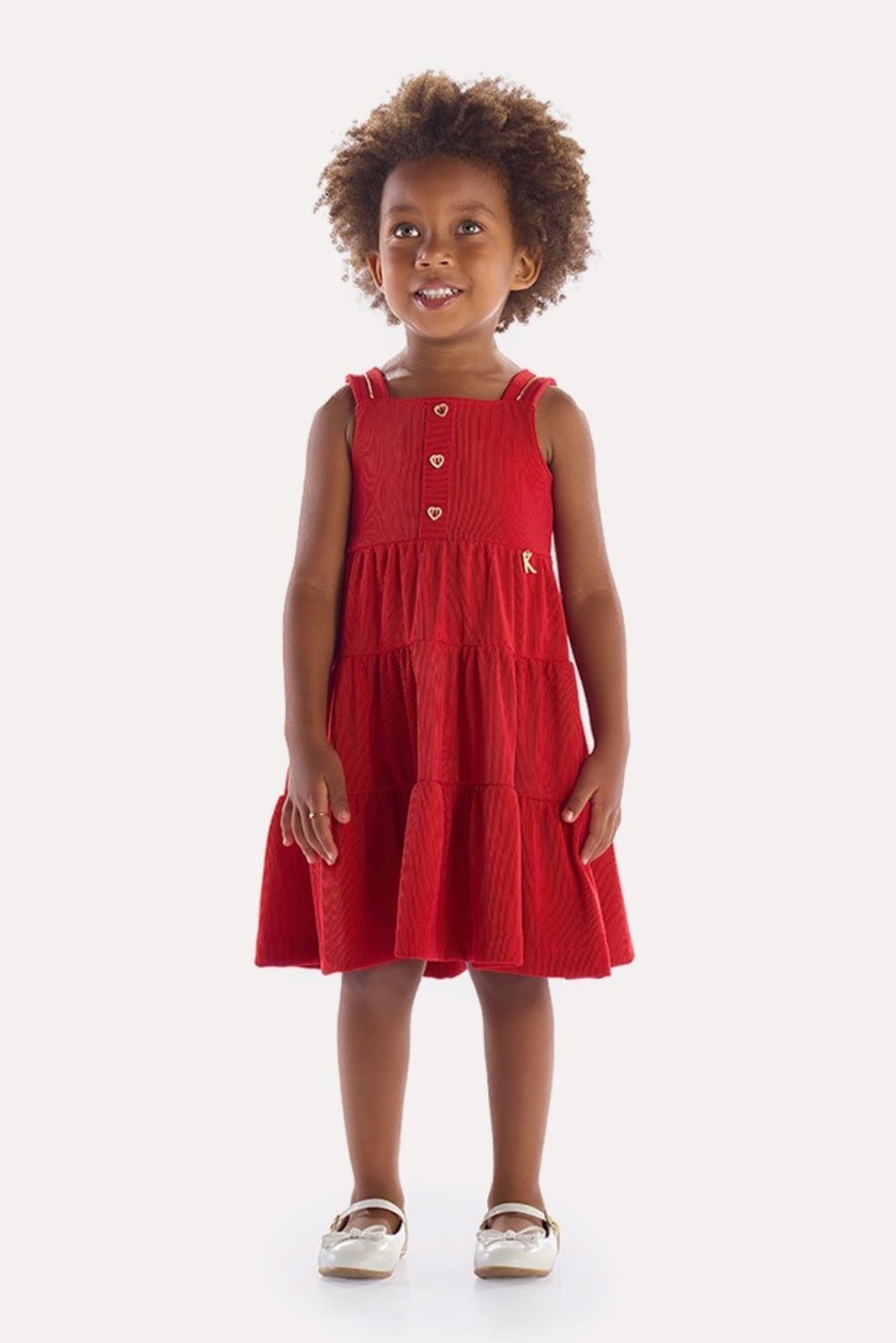 Infantil - Vestido Vermelho Canelado com Botões de Coração
