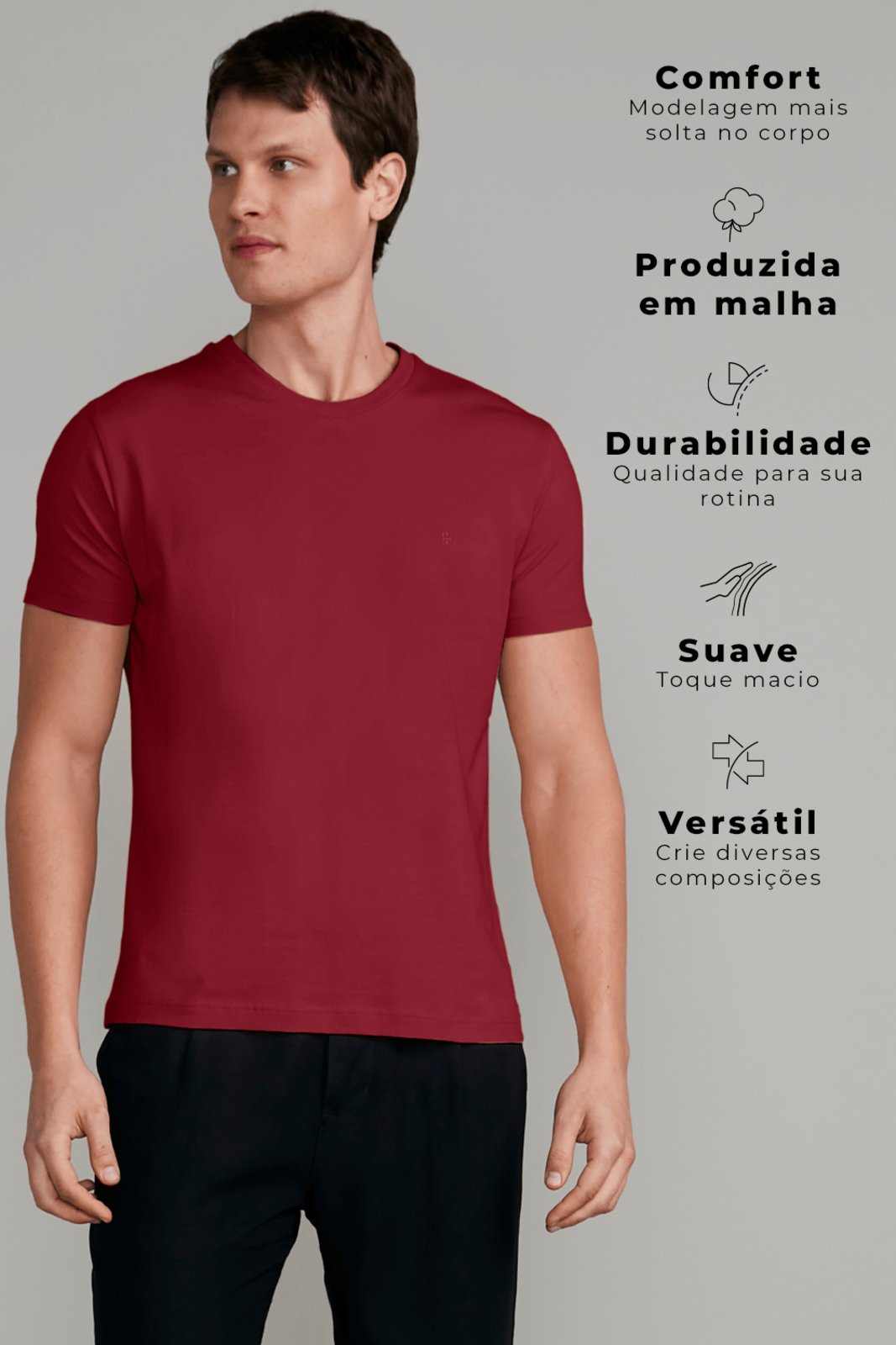 Vista 3 HIGHSTIL Camiseta Manga Curta Comfort Malha Básica - Vinho Escuro roxo HIGHSTIL roxo