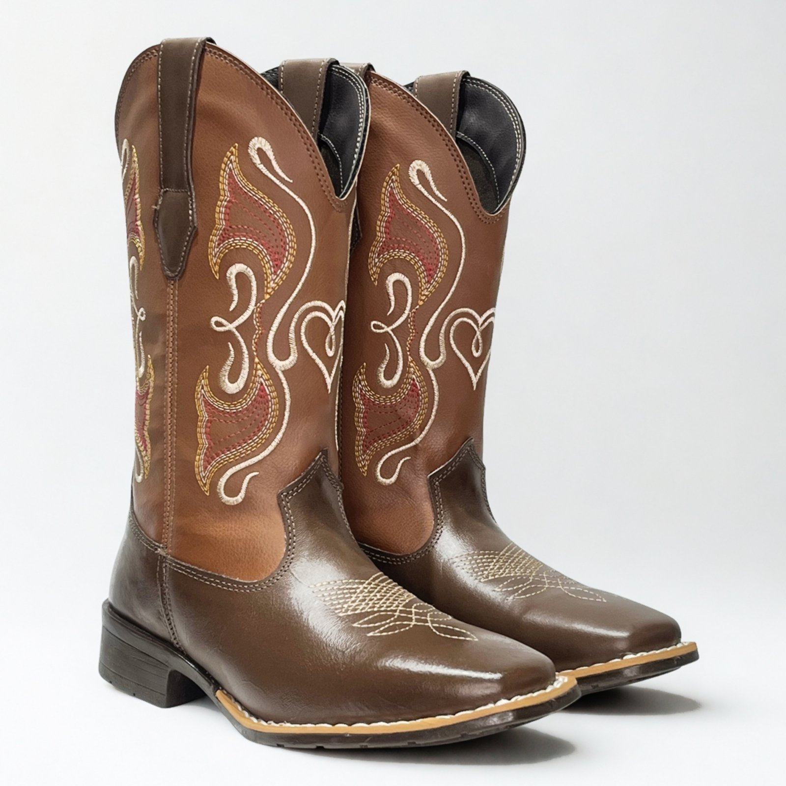 Bota Country Feminina em Couro Café Cano Longo Bordado Tribal Kapell