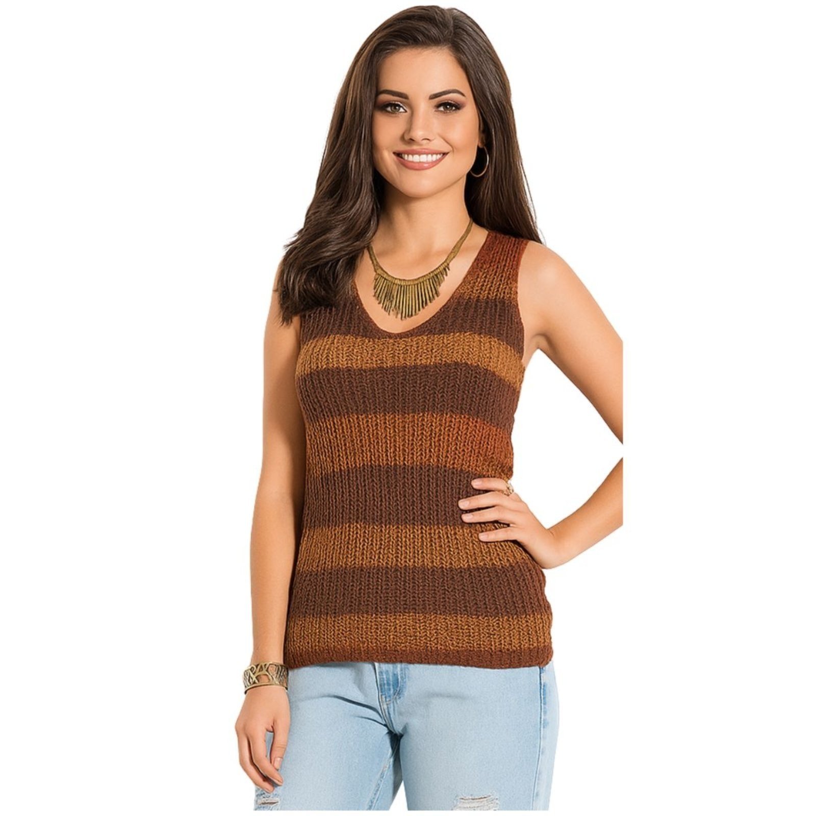 Regata Listrada FMF em Tricô Feminina Moda Casual Estilo e Conforto Verde
