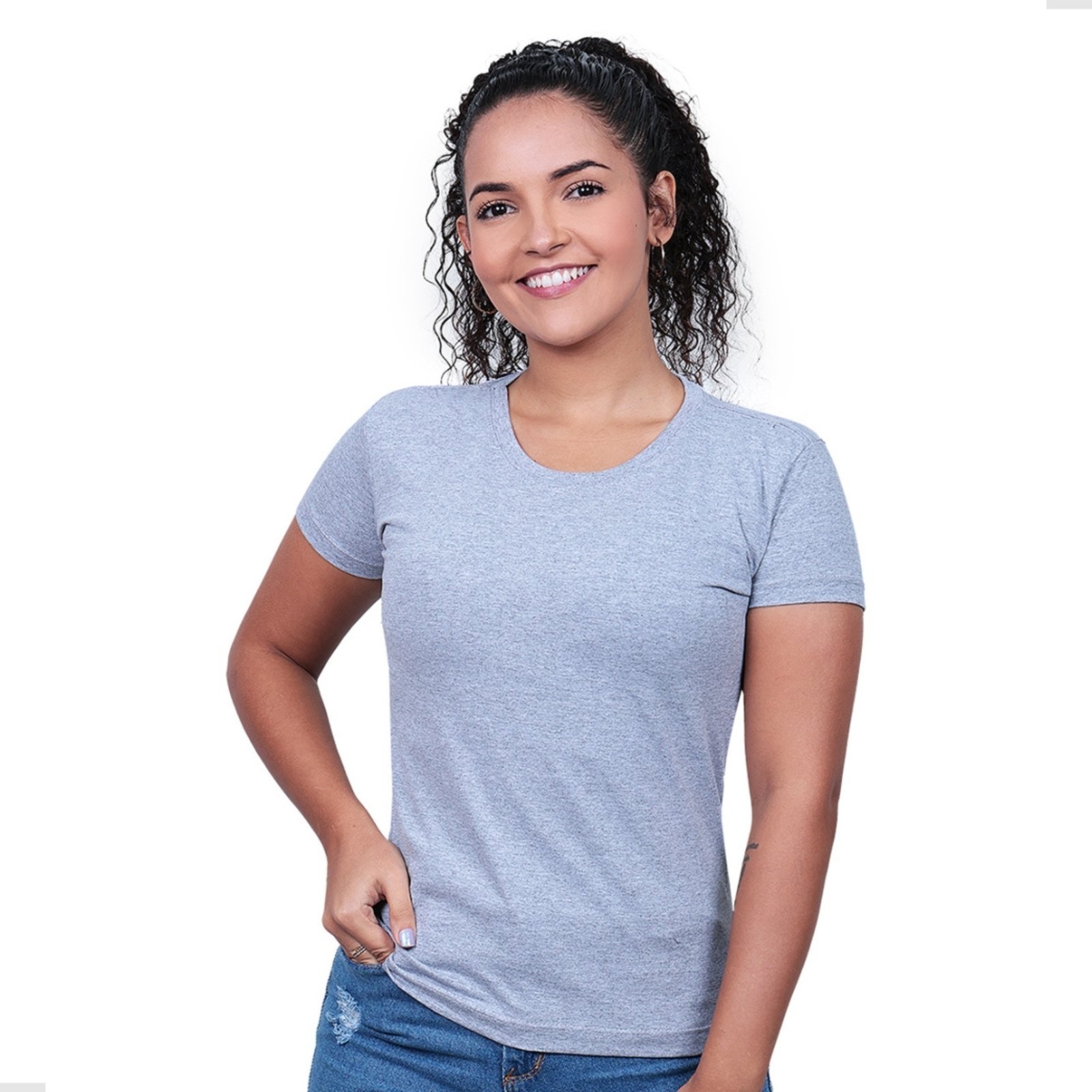 Blusa Baby Look Feminina Cinza Básica em Algodão Cinza