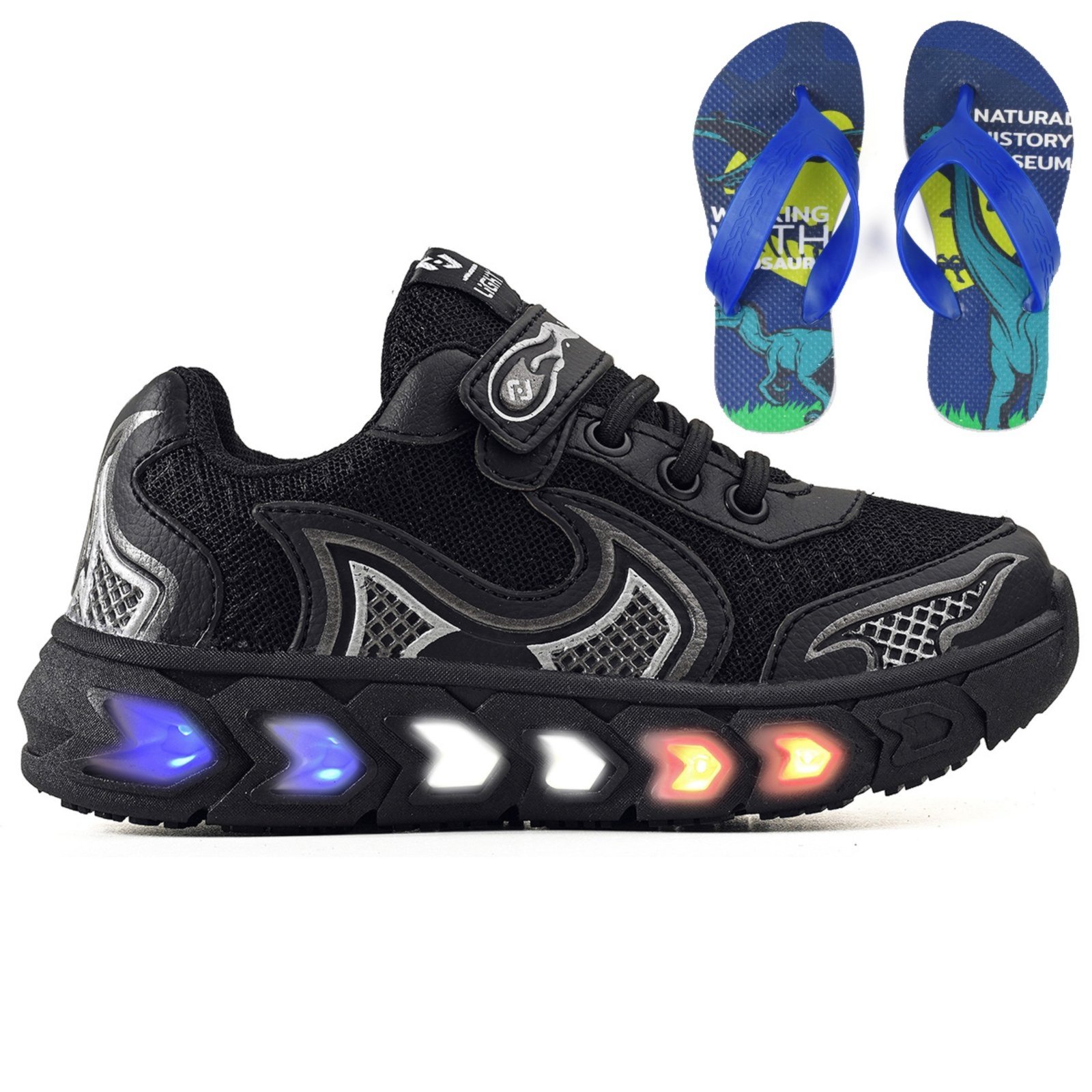 Infantil – Tenis de Led Meninos Jogger Casual Escolar Macio Preto + Chinelo