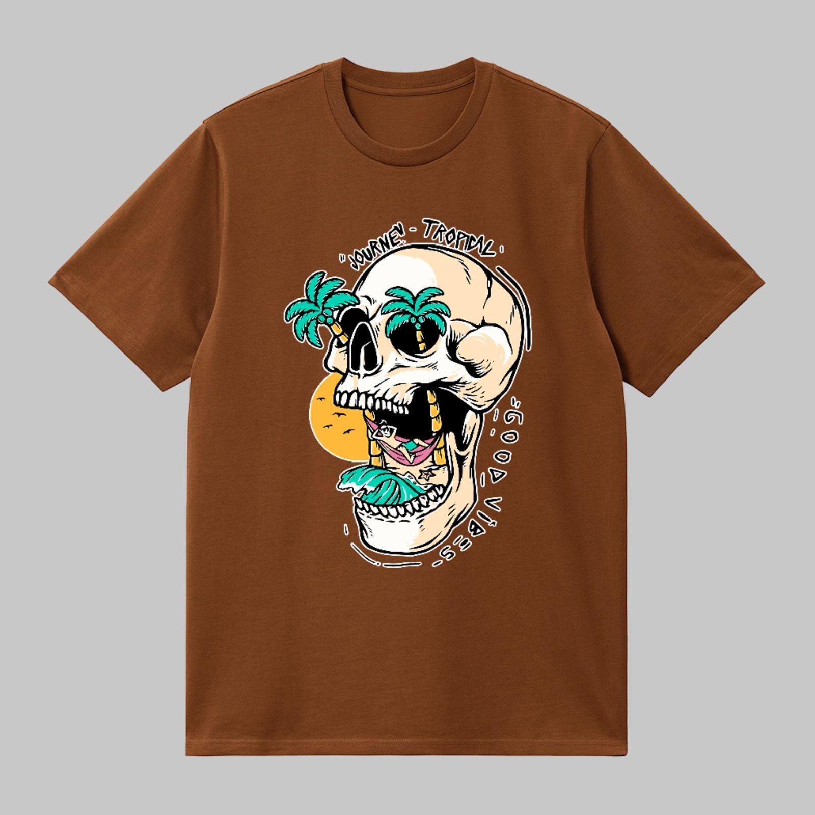 Camiseta Básica Caveira Tropical Praia Verão Streetwear Estilo Marrom