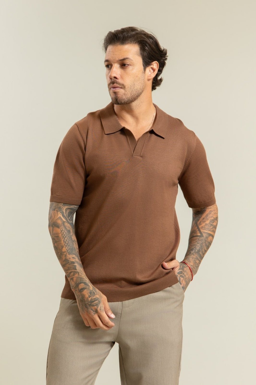 Camisa Polo Tricot Casual Lisa em Viscose Marrom Dialogo