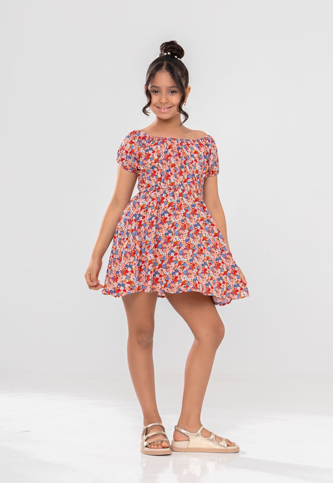 Infantil - Vestido Aura Celeste Viscolinho Floral Coral