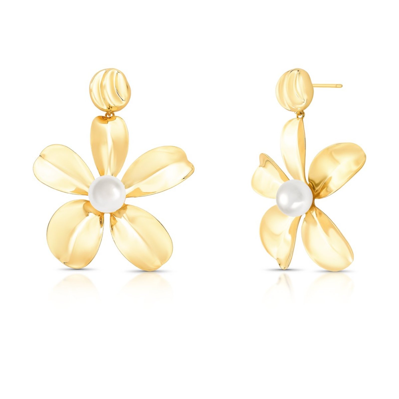 Infantil - Brinco Pendente Flor G com Miolo Pérola Semijoia Banhada a Ouro 18K Ania Store