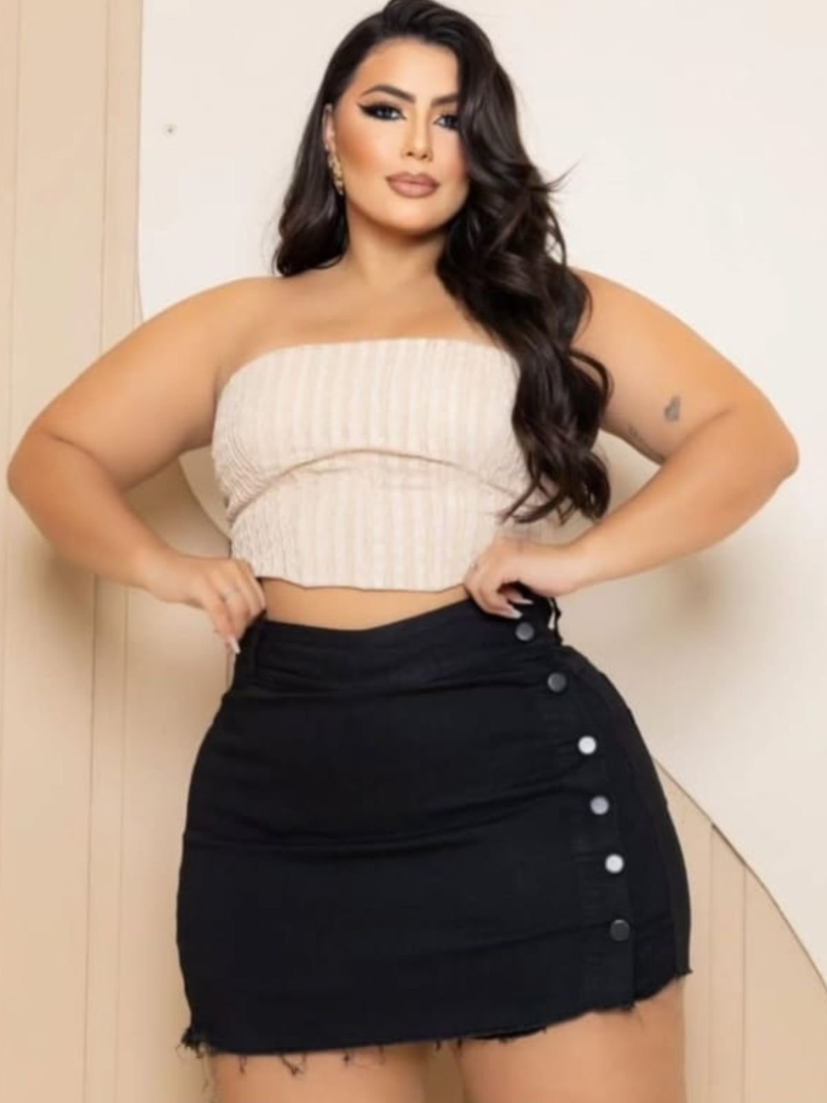 Saia Donna De Paula Short Saia Preto Feminino Plus Size Cintura Alta Com Botões