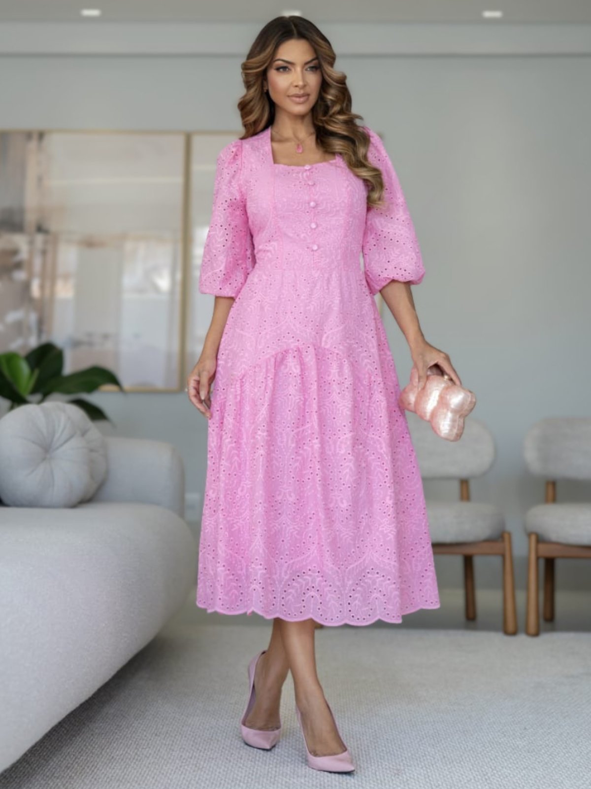 Vestido Midi Elegante Lese Algodão Bordado Festa Casamento Noiva Madrinha Manga Princesa Rosa